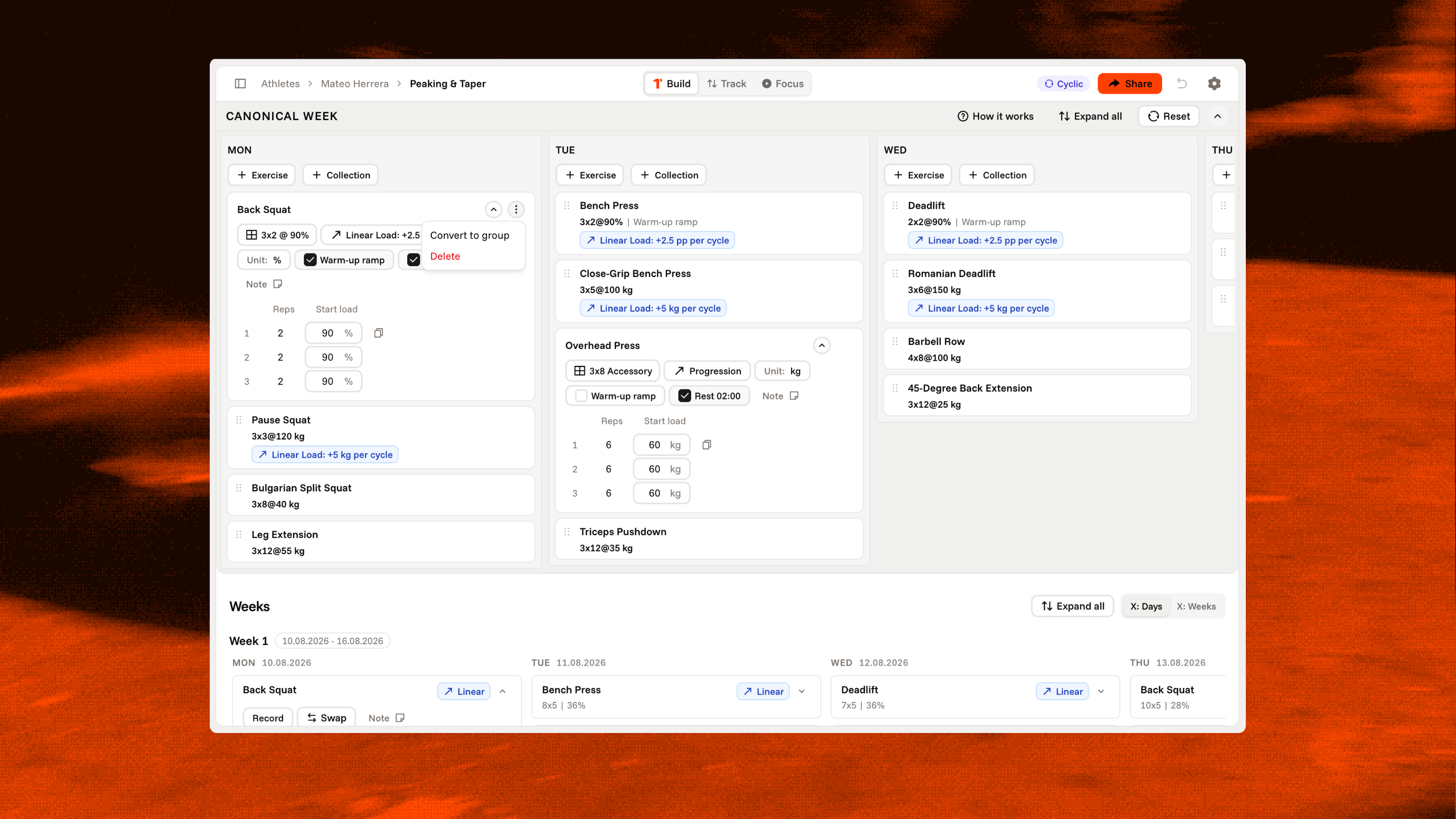 The full Phaserr builder — a multi-block macrocycle with waves and %1RM loading.